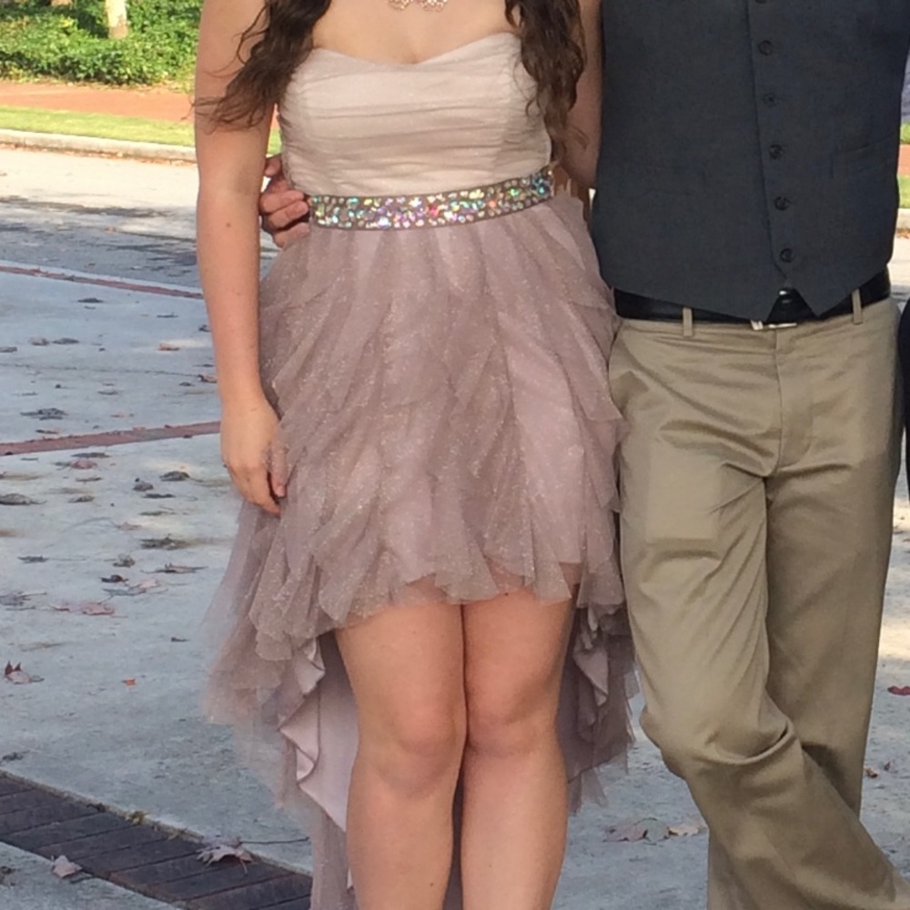 High-low strapless champagne prom dress